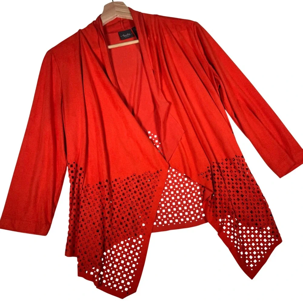 Chicos Travelers Collection Orange‎ Laser Cut Open Front Cardigan Slinky Size S